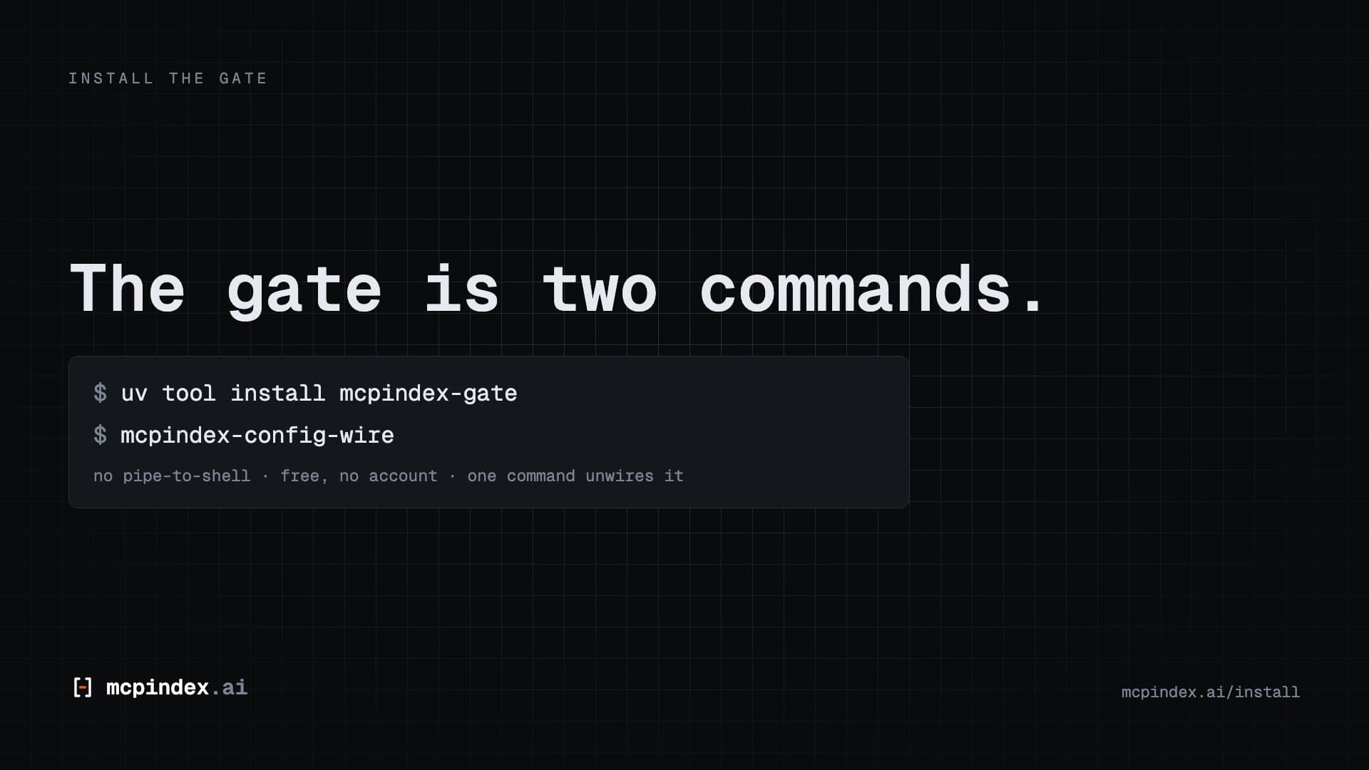 Film poster reading "The gate is two commands", above the two install commands: uv tool install mcpindex-gate, then mcpindex-config-wire.